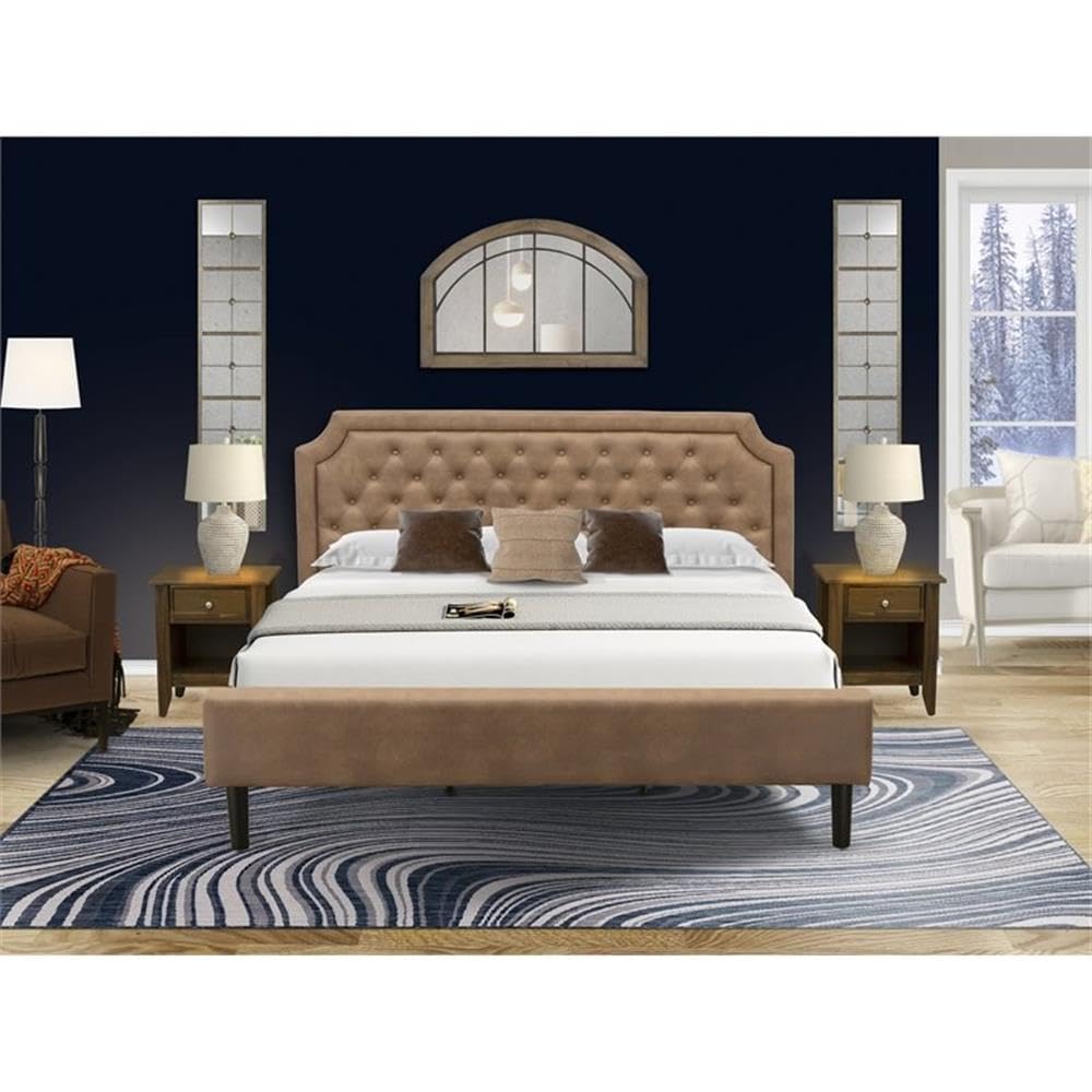 East West Furniture GB28K-2GA08 3-Piece Granbury Wooden Set for Bedroom with Button Tufted Bed Frame and 2 Antique Walnut Bedroom Nightstands - Brown faux Leather with Brown Texture and Black Legs