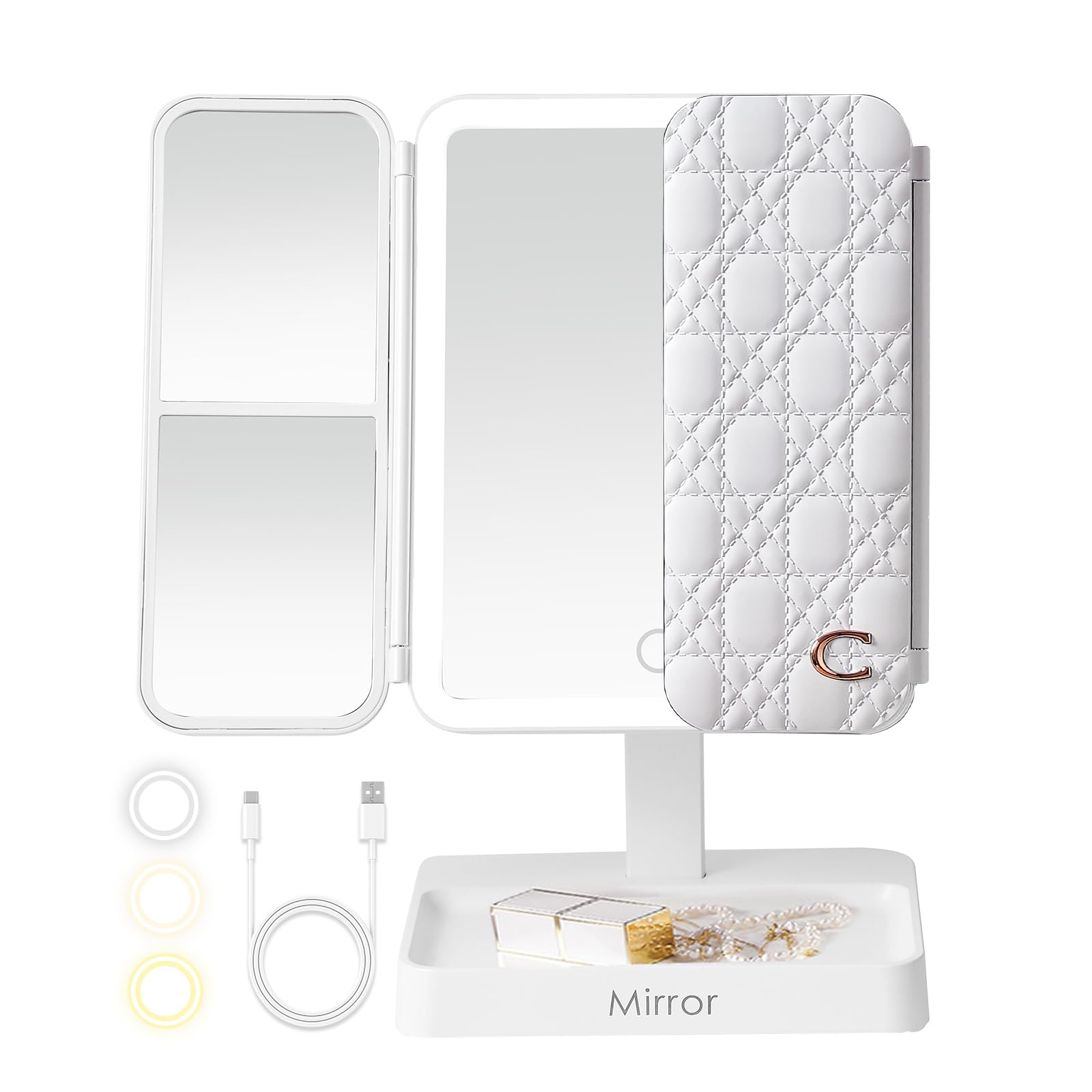 Makeup Mirror Vanity with Lights, 83 LEDs, 360-Degree Uniform Fill Light, 3-Color Lighting, Touch Control, Trifold Makeup Mirror