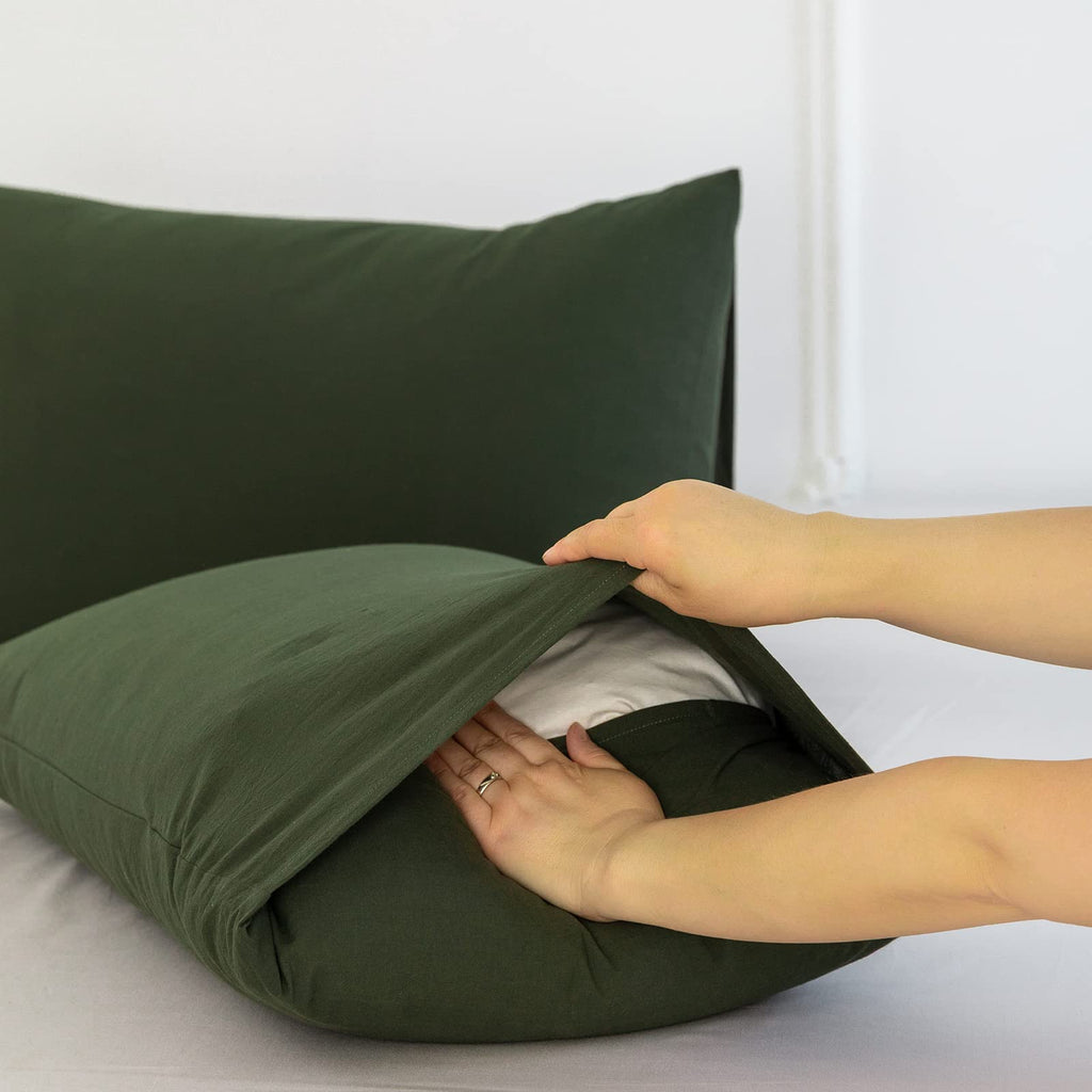 Moomee Bedding Pillowcases Pack Of 2 100% Washed Cotton Linen Like Textured Breathable Durable Soft Comfy (Olive Green, King)