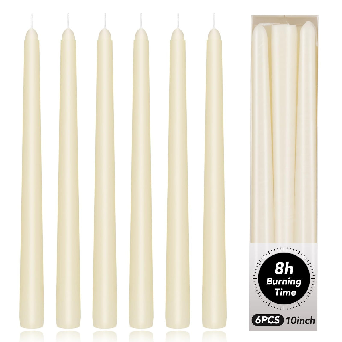 KORCCI Ivory Taper Candles, 10 Inches - Pack of 6, 8 Hours Burn Time, Smokeless, Unscented, Dripless, Ideal for Weddings, Birthd