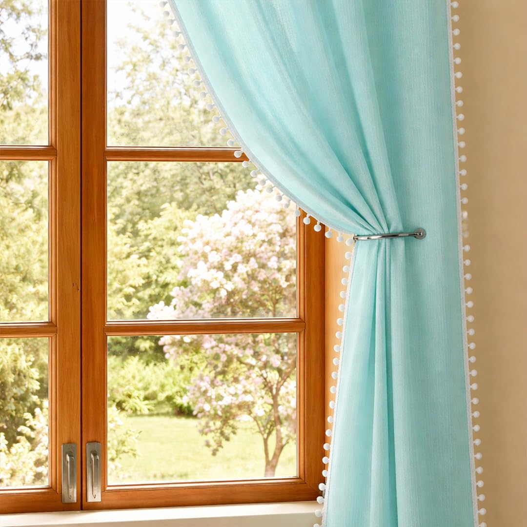 Homemonde Faux Linen Sheer Curtains With Rod Pocket Style Light Filtering 9 Feet Drapes Pack Of 2, Beautiful Border Pompoms  Ce