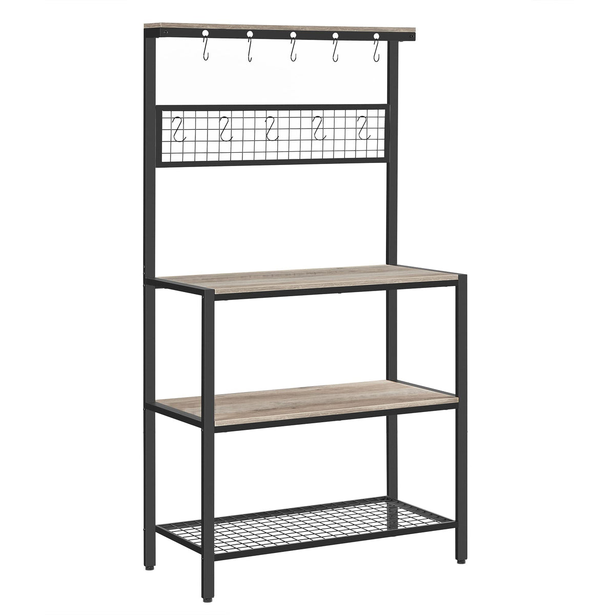 VASAGLE Bakers Rack, Coffee Bar, Kitchen Storage Shelf Rack with 10 Hooks, 3 Shelves, Adjustable Feet, for Microwave Oven, 15.7 