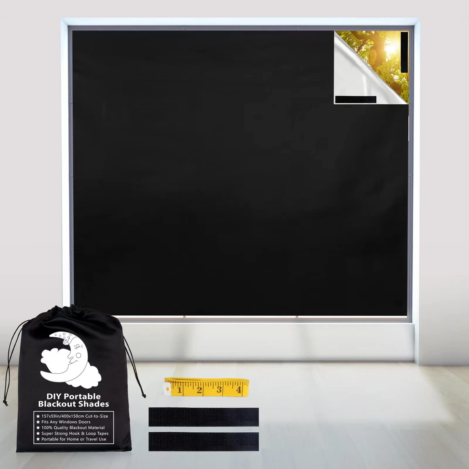 100% Portable Blackout Curtains - (157 x 59) Blackout Shades Cut to Size, Black Out Blinds for Window with Strong Hook & Loop Ta