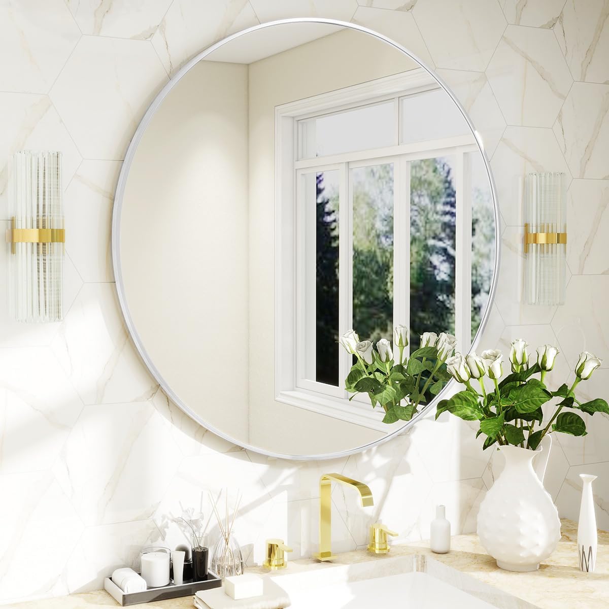 Mallik Design Round Wall Mirror With Durable Wooden Frame  24inch (White) | Modern Decorative Wall Hanging Mirror For Bathroom, Be