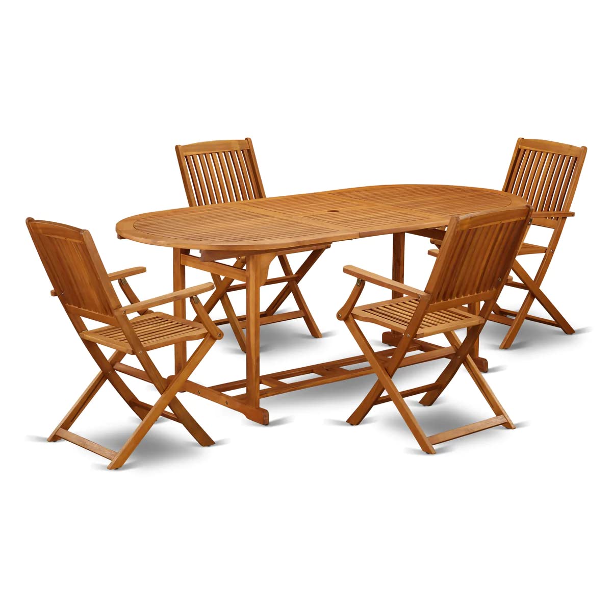 East West Furniture Bscm5Cana Beasley 5 Piece Patio Bistro Dining Furniture Set Includes An Oval Outdoor Acacia Wood Table And 4 Folding Arm Chairs, 36X78 Inch