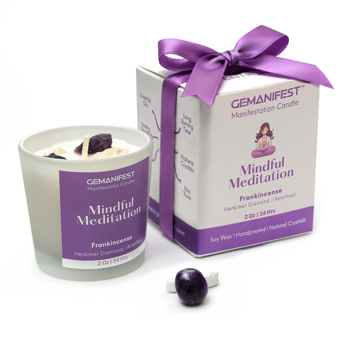 Mindful Meditation Candle with Amethyst & Herkimer Diamond, Soy Wax