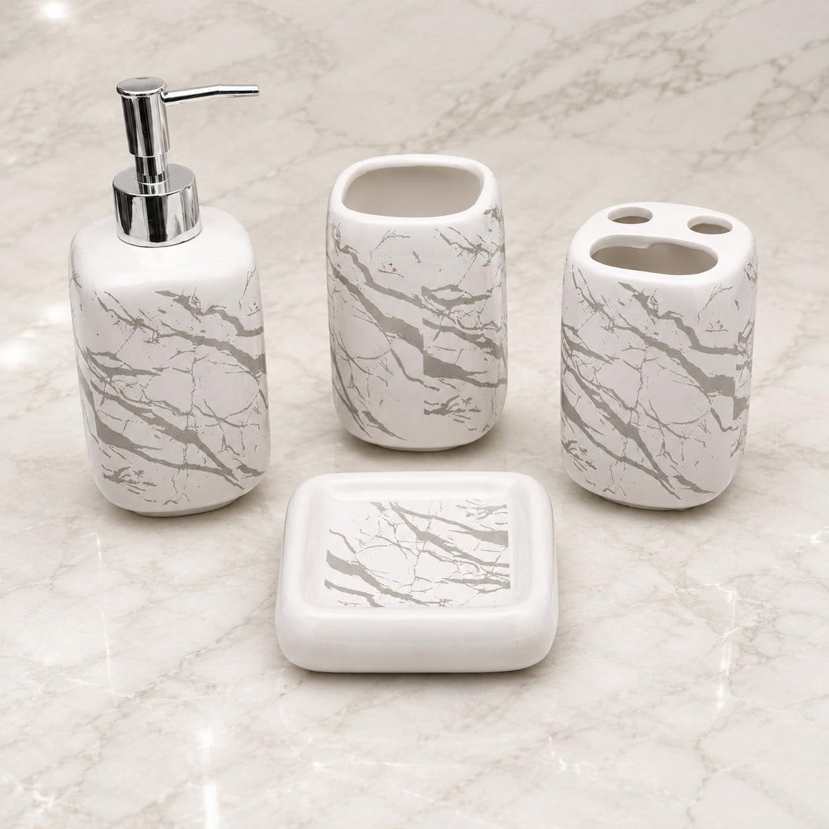 Store2508 White & Grey Marble Design 4 Piece Ceramic Bathroom Accessories Set with Soap Dispenser, 2 Tumblers & Soap Dish, Vanit
