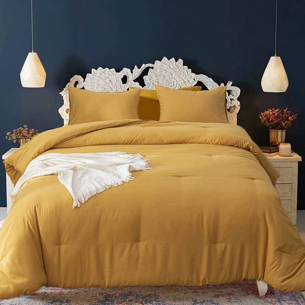 Cottonight Mustard Yellow Comforter Sets King Solid Dark Yellow Bedding Comforter Set Deep Yellow Cozy Blanket Quilts Women Men