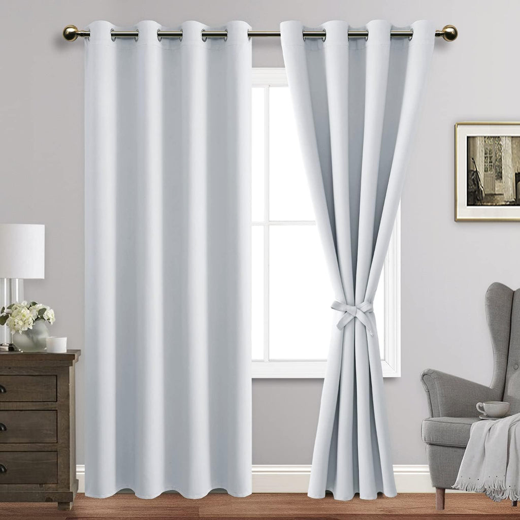 Jiuzhen Greyish White Blackout Curtains With Tiebacks Thermal Insulated, Light Blocking And Noise Reducing Grommet Curtains For And Living Room, Set Of 2 Window Curtain Panels, 52 X 90 Inch Length