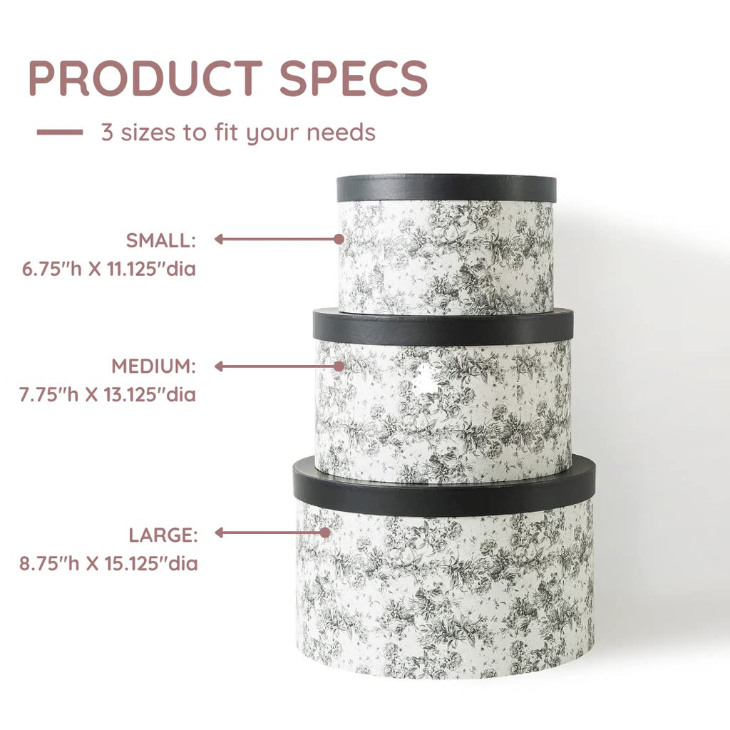 Soul & Lane Floral Hat Round Boxes With Lids - Set Of 3: Nesting Cardboard Hat Storage, Large Black Print Hat Cases, Round Decor