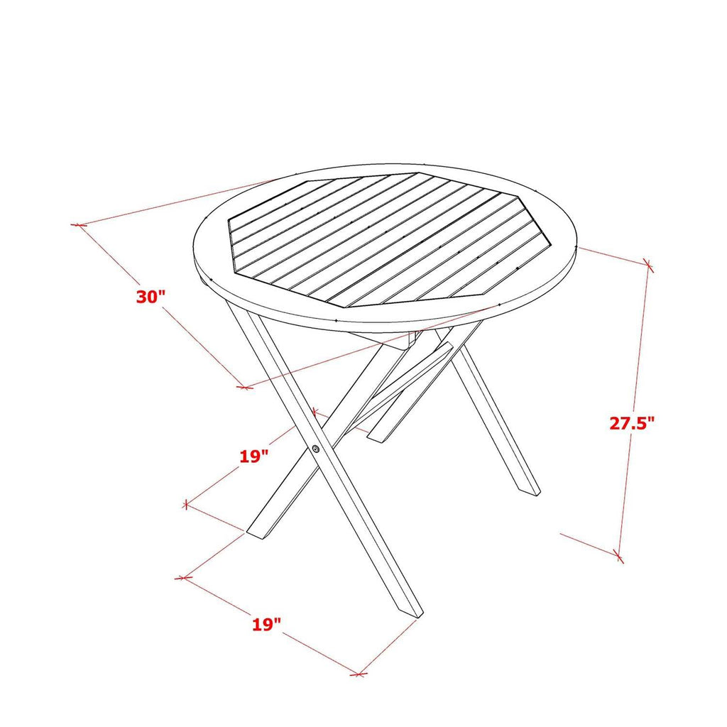 East West Furniture Marion 3 Piece Outdoor Conversation Bistro Set Contains a Round Acacia Wood Coffee Table and 2 Folding Side Chairs, 30x30 Inch, Natural Oil