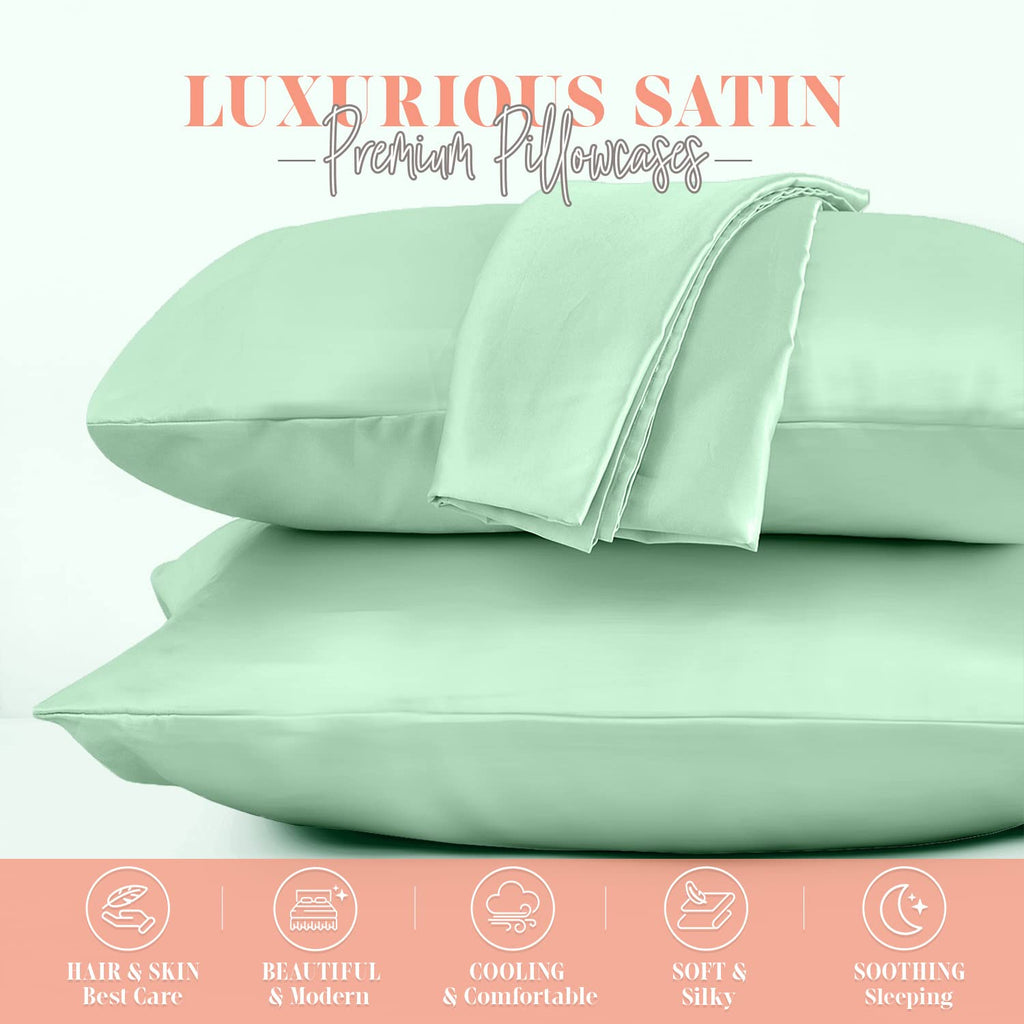 Elegant Comfort Silky And Luxurious 2-Piece Satin Pillowcase Set For Healthier Skin And Hair, Hidden Zipper Closure And Beautifully Packaged, Satin Pillowcase Set, Standard/Queen, Mint Green