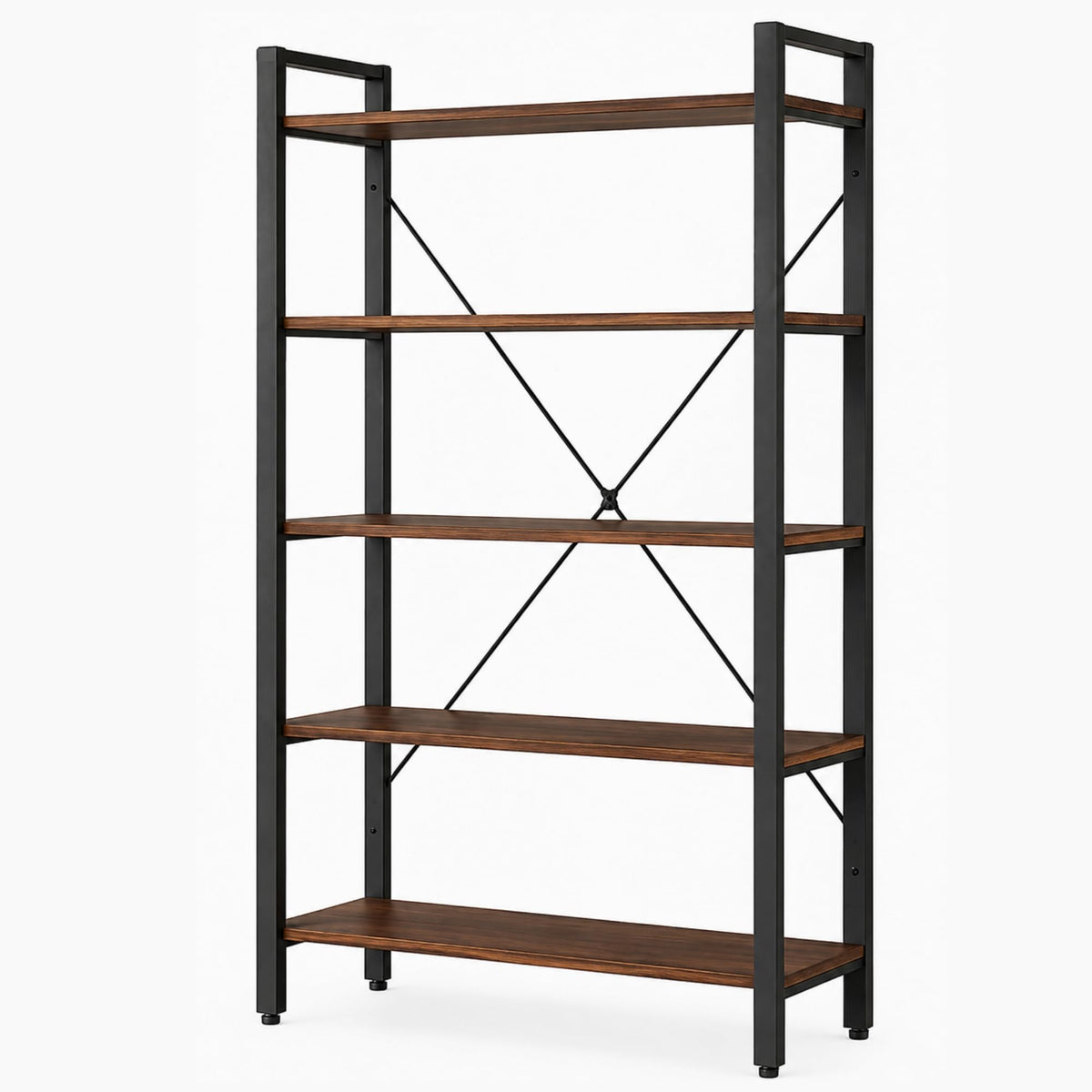 DESKIZIA 5Tier Industrial Bookshelf with Solid Wood Shelves & Metal Frame | Open Display Storage Rack for Living Room, Bedroom,