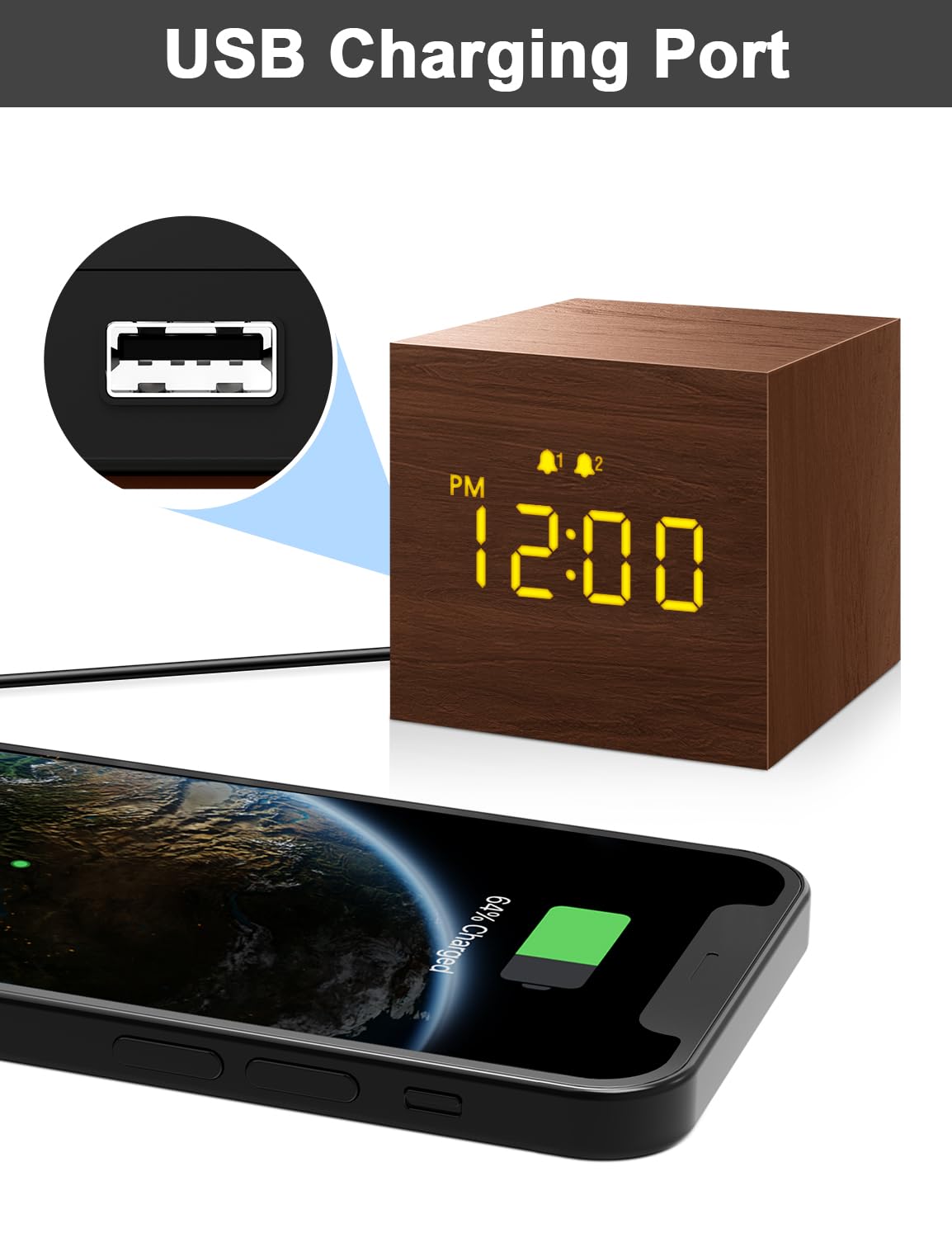 Jall Digital Alarm Clock, With Wooden Electronic Led Time Display, 3 Alarm, 2.5-Inch Cubic Small Mini Wood Made Electric Clocks