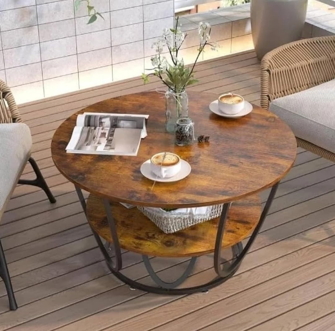 Vuhome Round Industrial Coffee Table | 2Tier Mdf Wood Faux Marble Top | Black Metal Frame | Vintage Brown Finish | Living Room,