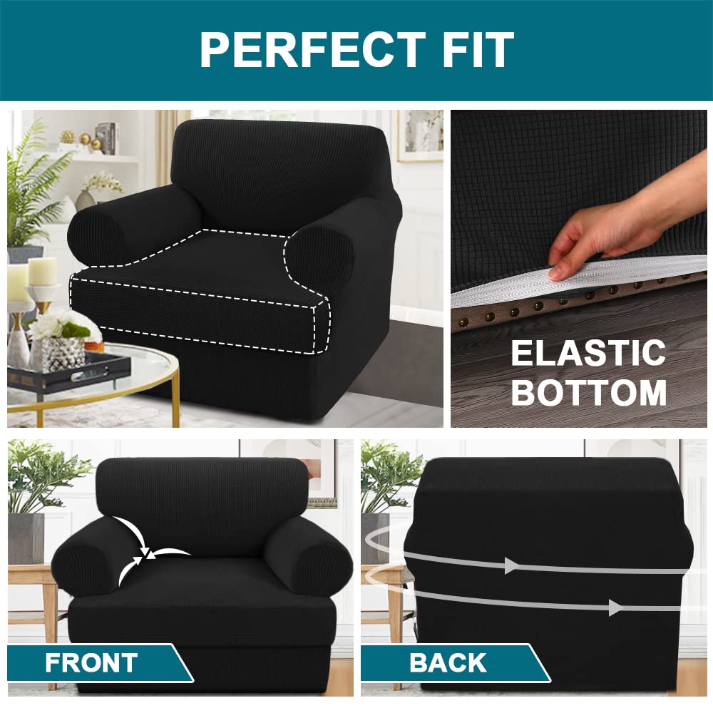 Turquoize T Cushion Chair Slipcover T Cushion Chair Covers For Living Room Stretch Sofa Couch Cover Soft Armchair Cover Washable Furniture Covers With Individual T Cushion Seat Covers (Chair, Black)