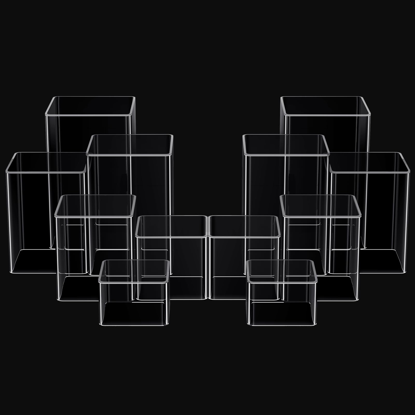 Thyle 12 Pcs Jewelry Acrylic Display Risers Square Cube Display Nesting Acrylic Risers Figure Stand with Hollow Bottoms Display 