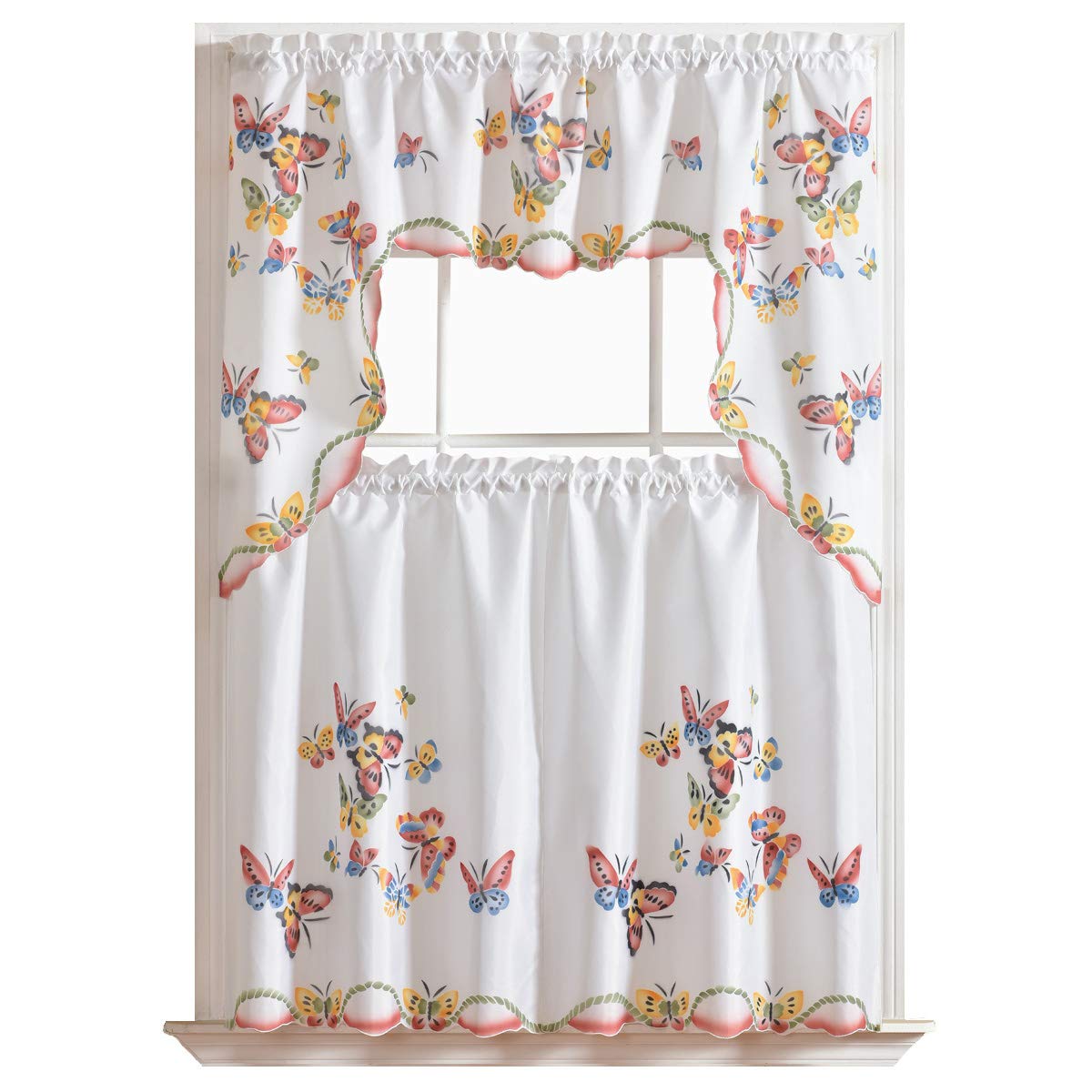 GOHD - 3pcs Kitchen Curtain/Cafe Curtain Set, Air-Brushed by Hand of Flying Butterfly Design (Swag & 36 Tiers Set)