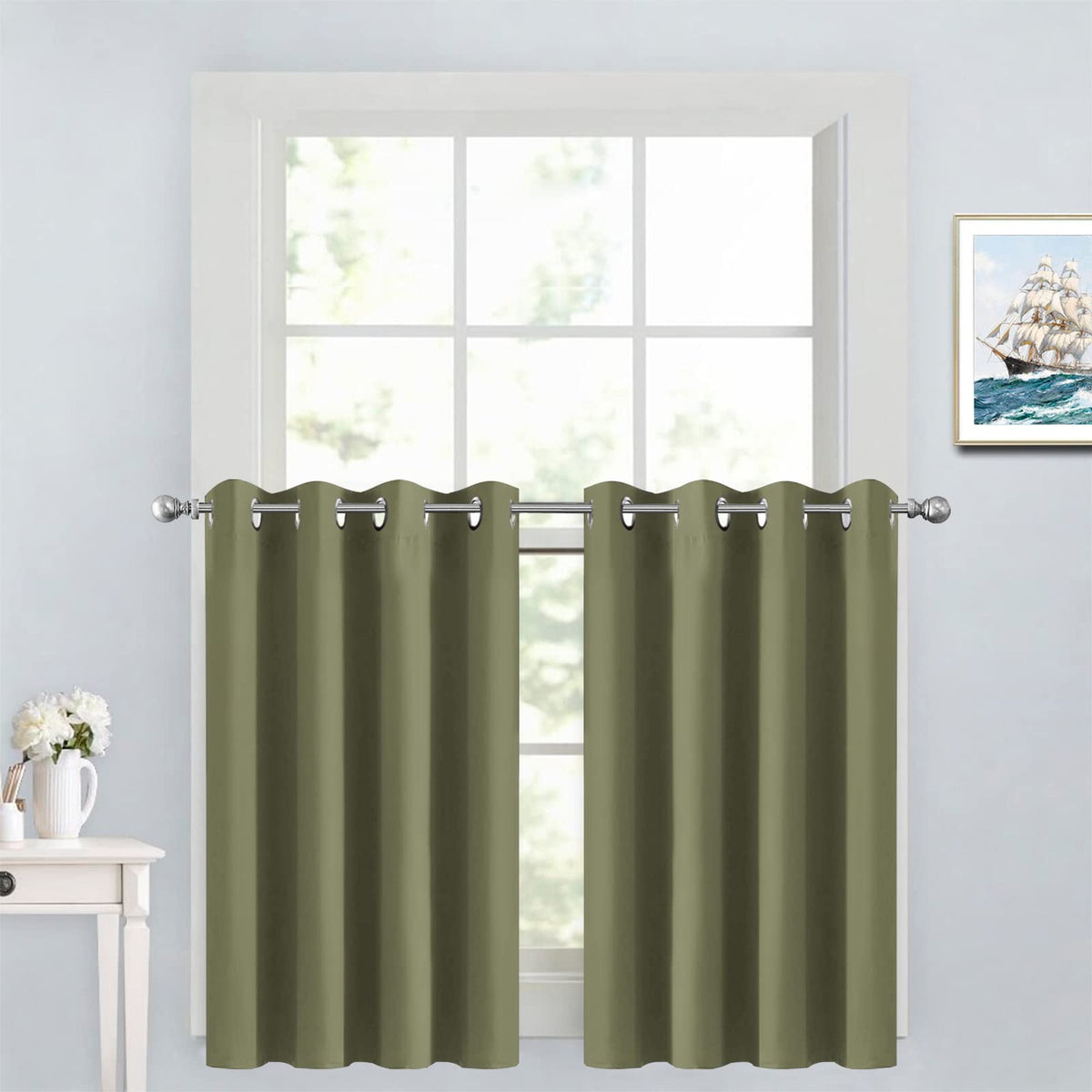 Yakamok Window Treatment Kitchen Drapes - Plain Solid Grommet Top Short Curtains For Kitchen Window(52Wx36L, Sage, 2 Panels)