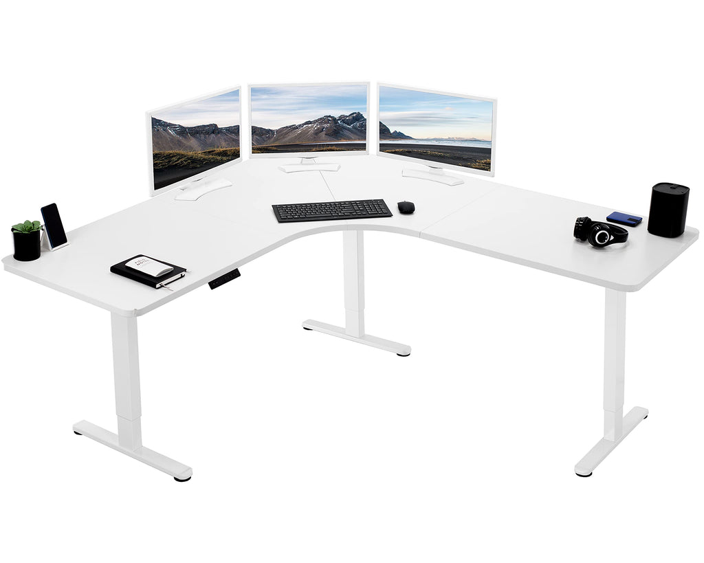Vivo Electric Height Adjustable 71 X 71 Inch Curved Corner Stand Up Desk, White Table Top, White Frame, Memory Controller, L-Shaped Workstation, E3C Series, Desk-Kit-E3Cww