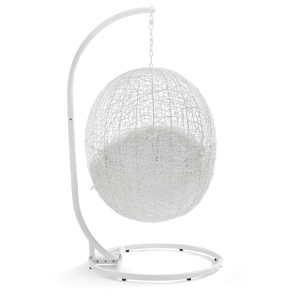 Modway Hide Wicker Rattan Outdoor Patio Porch Lounge Egg Swing Chair Set with Stand in White
