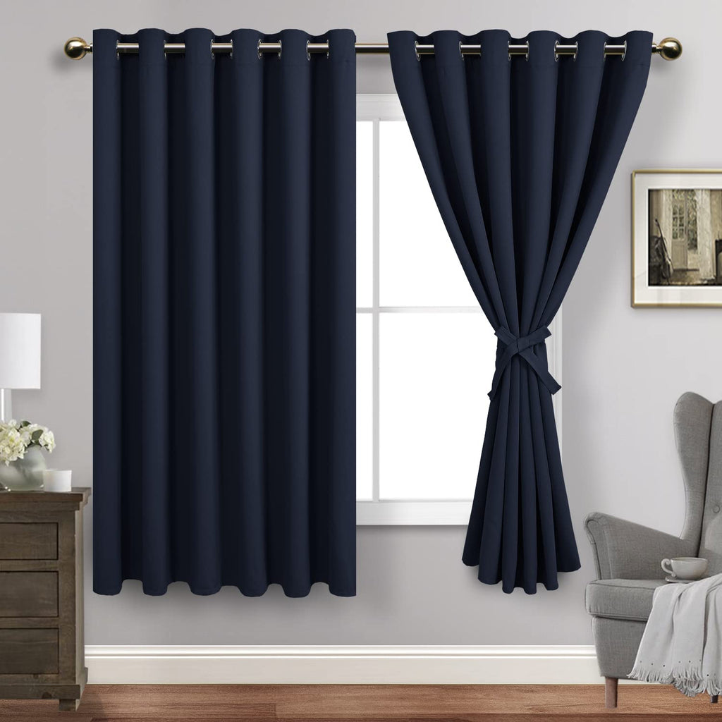 Jiuzhen Navy Blackout Curtains With Tiebacks - Thermal Insulated, Light Blocking And Noise Reducing Grommet Curtains For Bedroom And Living Room, Set Of 2 Window Curtain Panels, 70 X 63 Inch Length