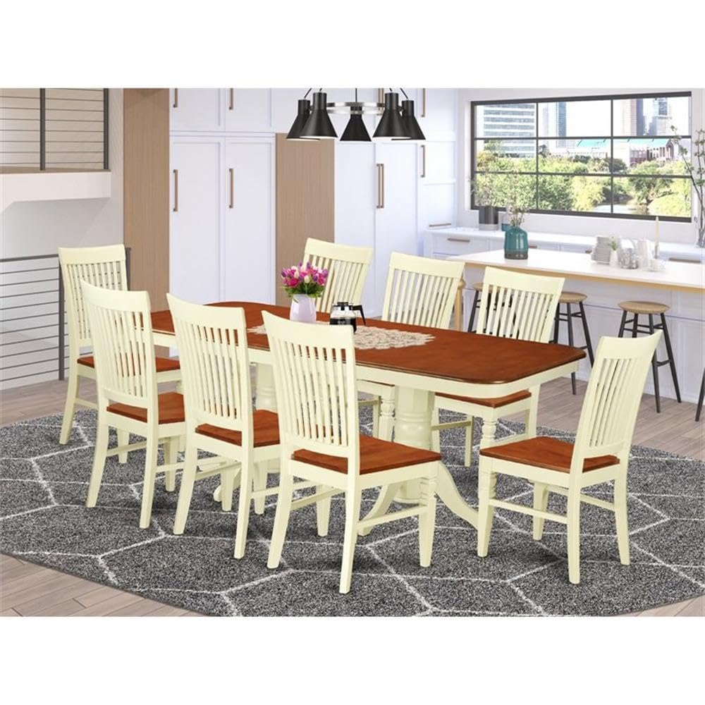 East West Furniture NAWE9-BMK-W 9 Piece Kitchen Table Set Includes a Rectangle Dining Table with Butterfly Leaf and 8 Dining Room Chairs, 40x78 Inch, Buttermilk & Cherry