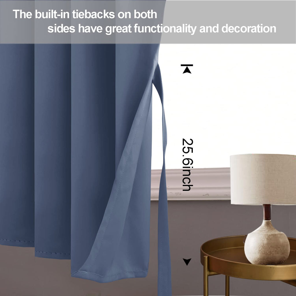 Jiuzhen Dusty Blue Blackout Curtains With Tiebacks Thermal Insulated, Light Blocking And Noise Reducing Grommet Curtains For Bedroom And Living Room, Set Of 2 Window Curtain Panels, 60 X 63 Inch Length