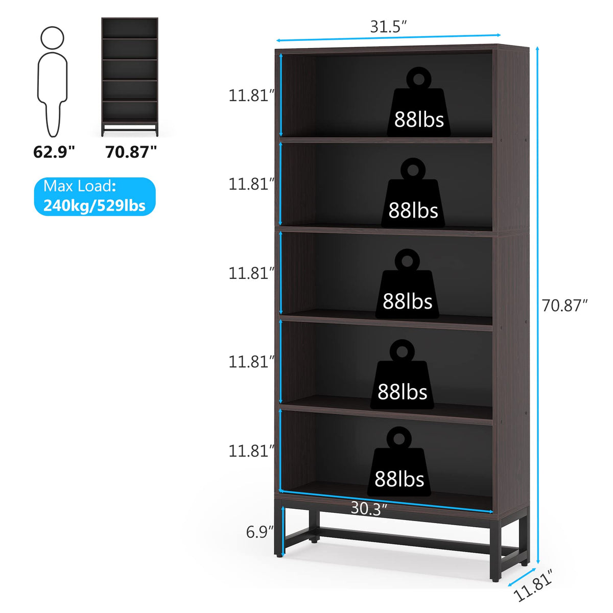 Tribesigns Tall Bookcase And Bookshelf, 70.8” Large Bookcases Organizer With 5-Tier Storage Shelves, Heavy Duty Free-Standing Library Bookshelf Shelving Unit For Living Room, Bedroom (Sandalwood)