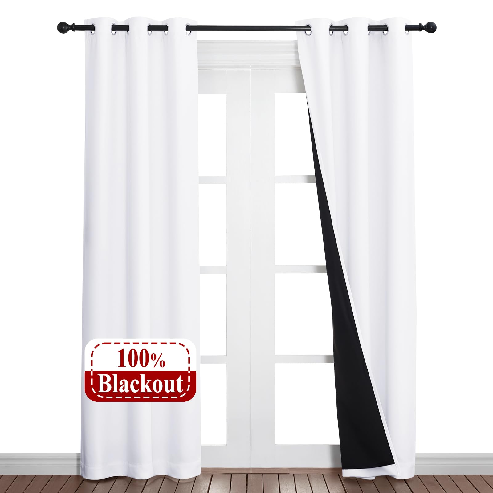 NICETOWN White Blackout Curtains 80 inches Long, 2 Pieces, 37 Wide Each Panel, Full Light Blocking Drapes with Black Liner for N