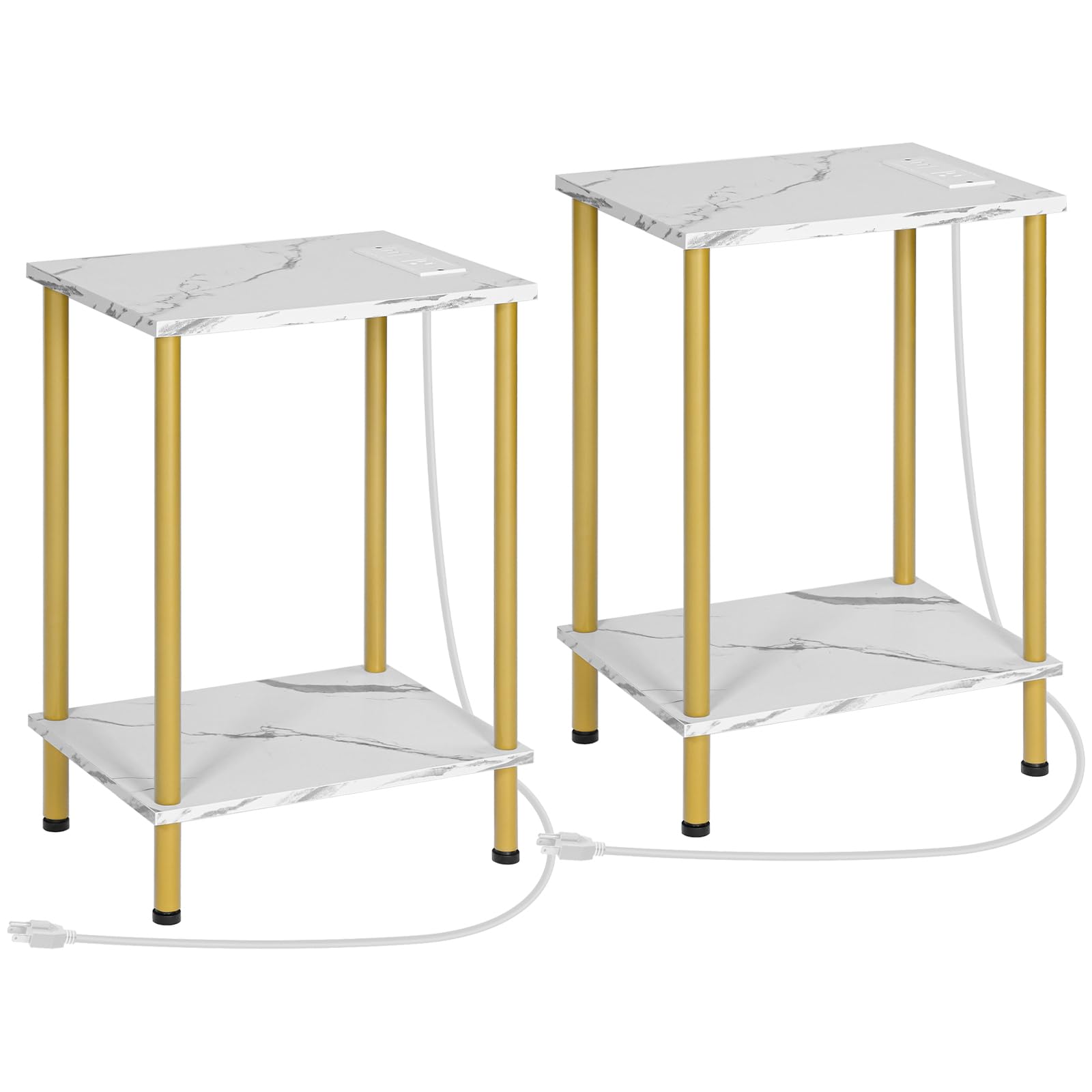 Hoobro Side Table With Charging Station, End Table With Usb Ports And Outlet, Nightstand With 2-Layer Storage Shelves For Small Spaces, Living Room, Bedroom, Stable Frame, Gold And Marble Dm09Ubzp201