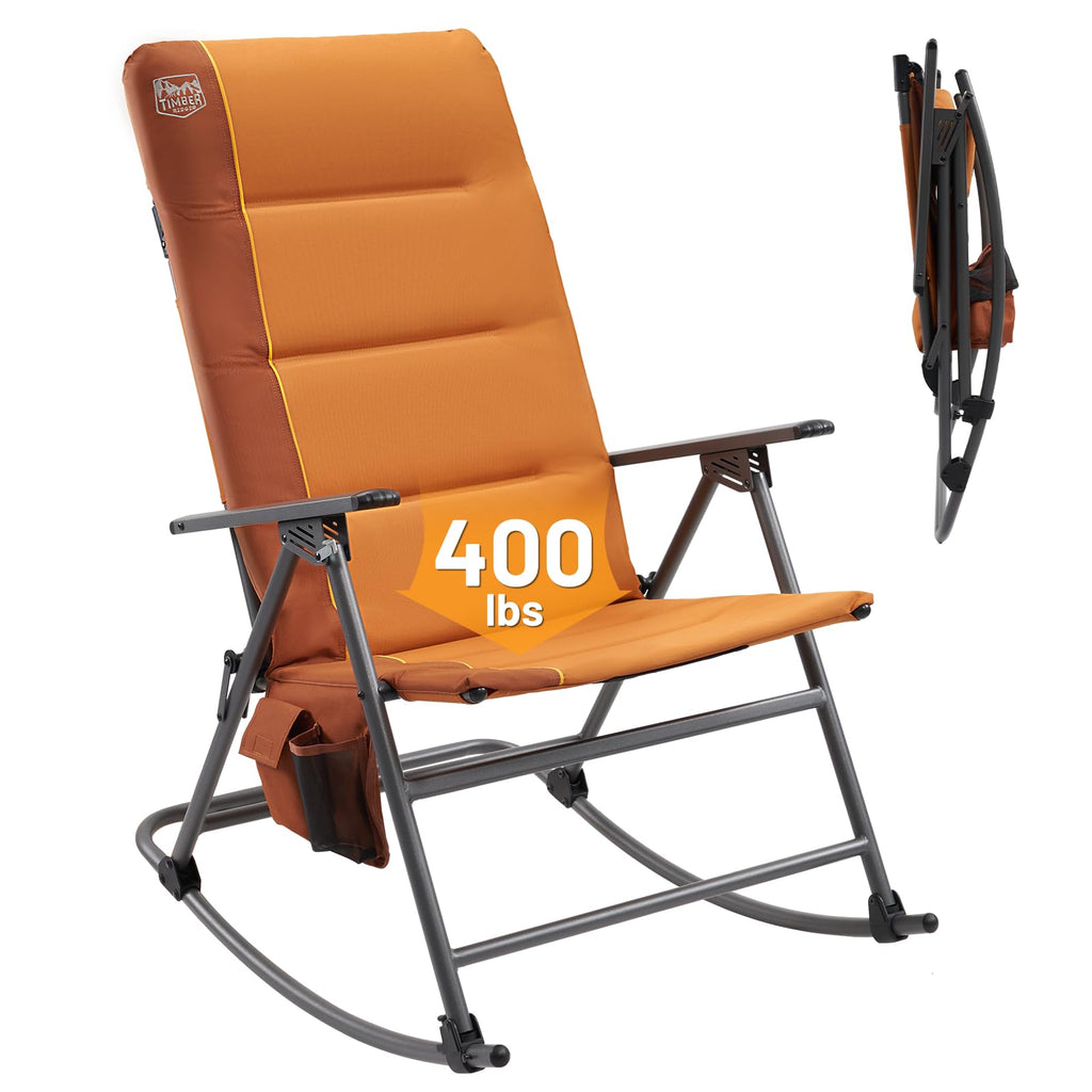 Timber Ridge High Back Oversized Folding Rocking Camping Chair, Padded Outdoor Rocker, Portable Outdoor Chair For Patio, Garden, Lawn, Supports Up To 400 Lbs, Orange