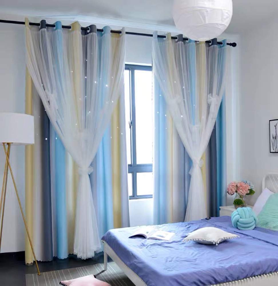 Yancorp Curtains For Girls Bedroom Kids Curtain Hollow-Out Star Window Drapes Curtain 63 Inches Length Room Darkening Grommet 2 Layers,1 Panel (Gray Blue, W52 X L63)