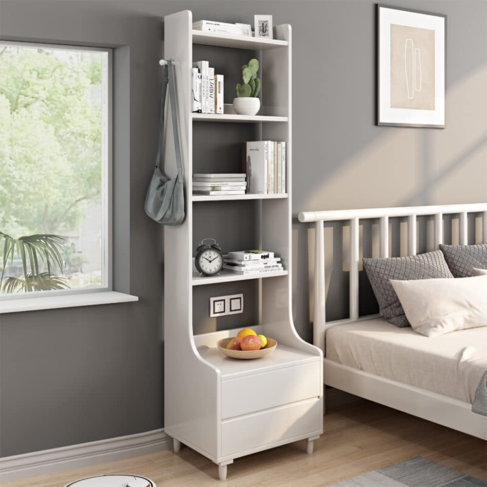 IOTXY White Bedside Table Bookshelf - 71 Tall Floorstanding Wooden Open Shelf Bookcase with 2-Drawers and 4-Shelves, Bedroom Bed