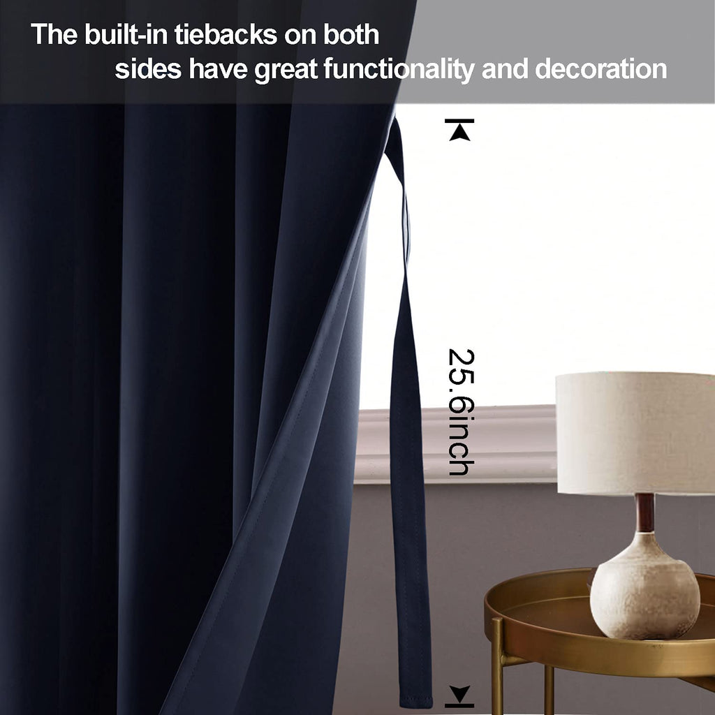 Jiuzhen Navy Blackout Curtains With Tiebacks-Thermal Insulated, Light Blocking/Noise Reducing Grommet Curtain Drapes For Bedroom/Living Room, Set Of 2 Window Curtain Panels, 52 X 84 Inch Length