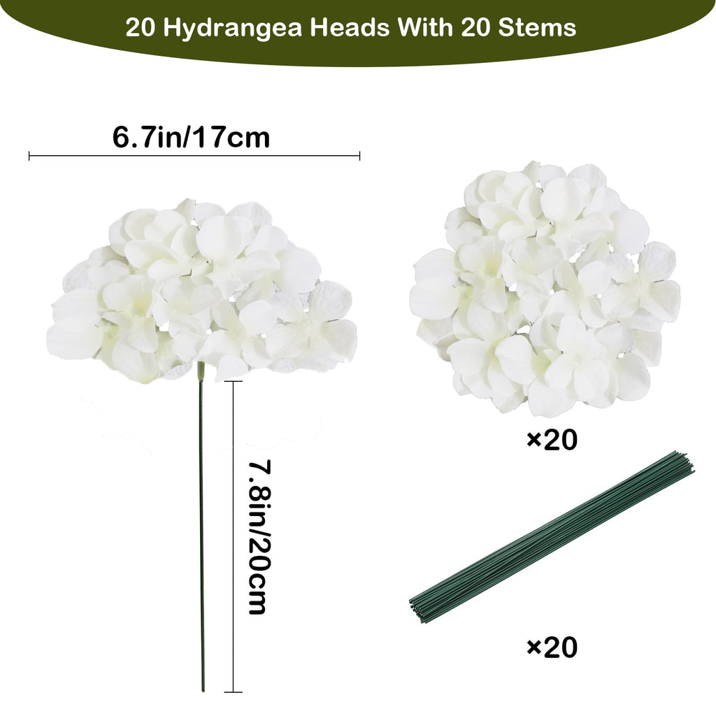 Cherica 20 Pcs White Hydrangea Artificial Flowers Bulk, Faux Hydrangea Flowers Heads, Artificial Fake Silk Hydrangea Flowers Wit