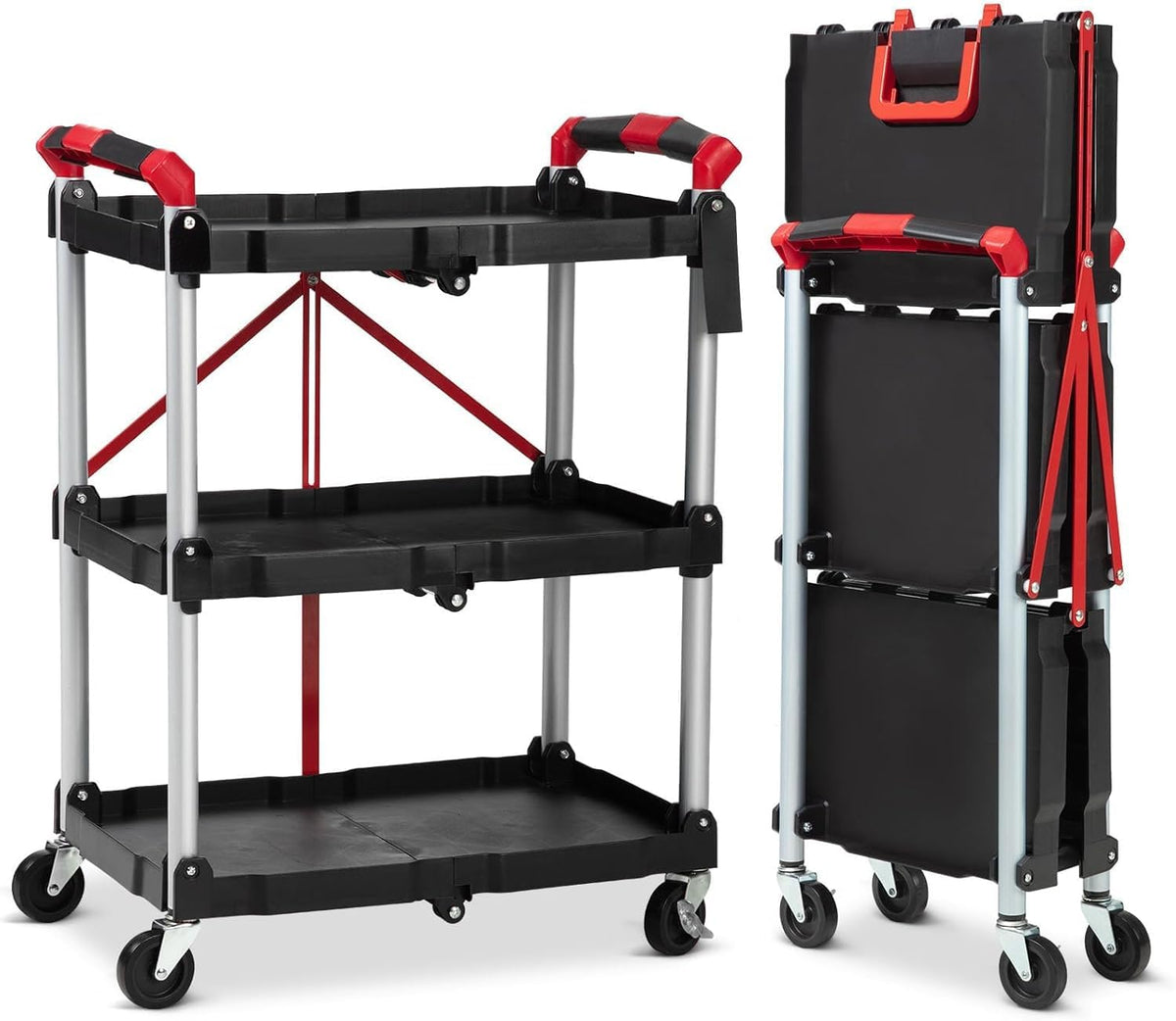 Collapsible Rolling Cart with Wheels, 3 Tier Rolling Utility Cart, No Installation Required, Wheels Lock to Maintain Stability, 