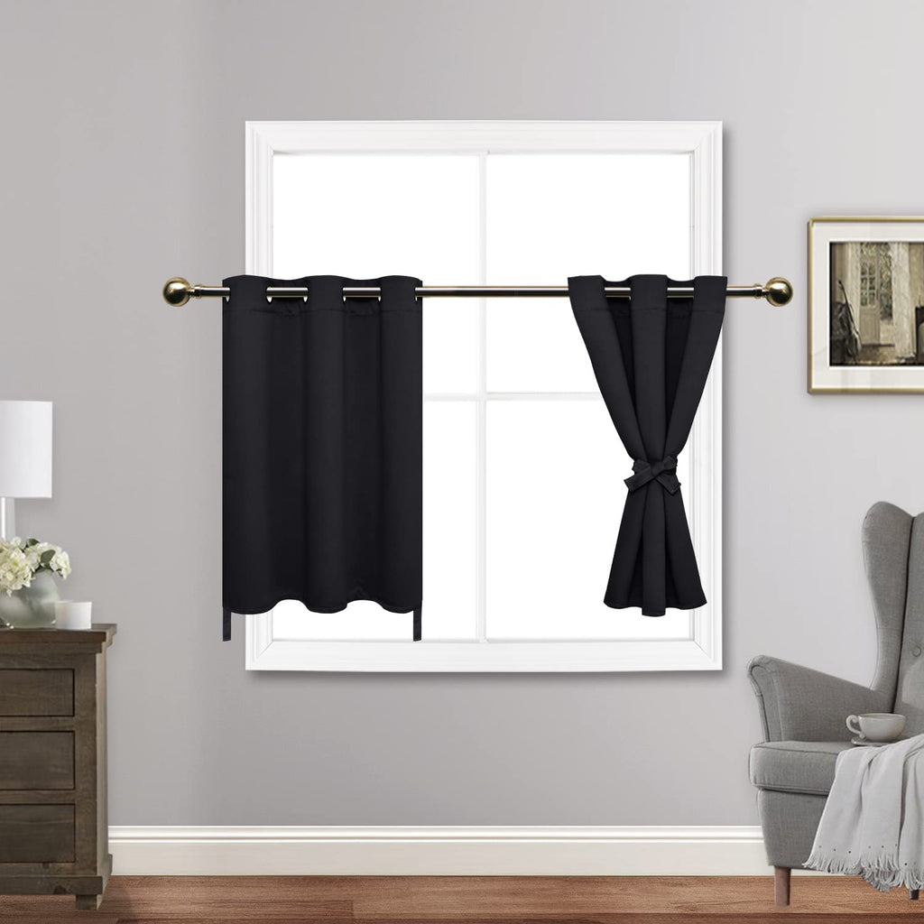 Jiuzhen Black Blackout Curtains With Tiebacks - Thermal Insulated, Light Blocking And Noise Reducing Grommet Curtains For Bedroom And Living Room, Set Of 2 Window Curtain Panels, 34 X 24 Inch Length