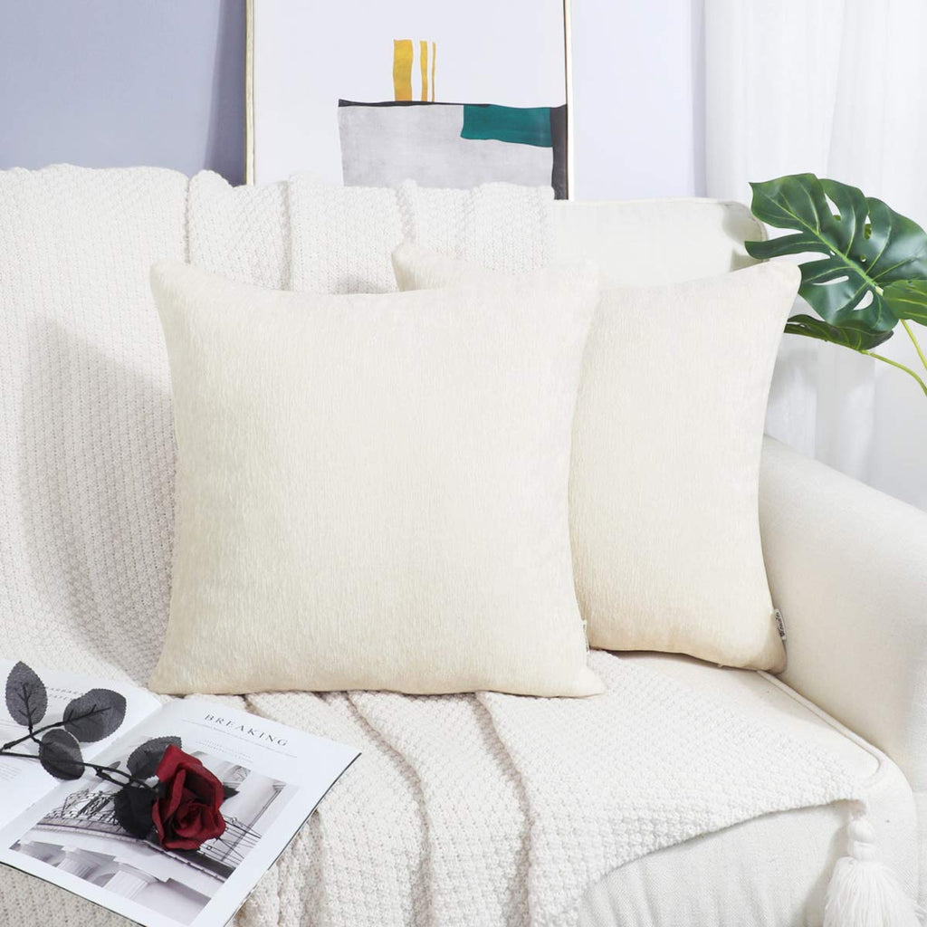 Brawarm Chenille Throw Pillow Covers 22X22 Inches - Cream Chenille Pillow Covers Pack Of 2, Solid Dyed Soft Chenille Pillow Case