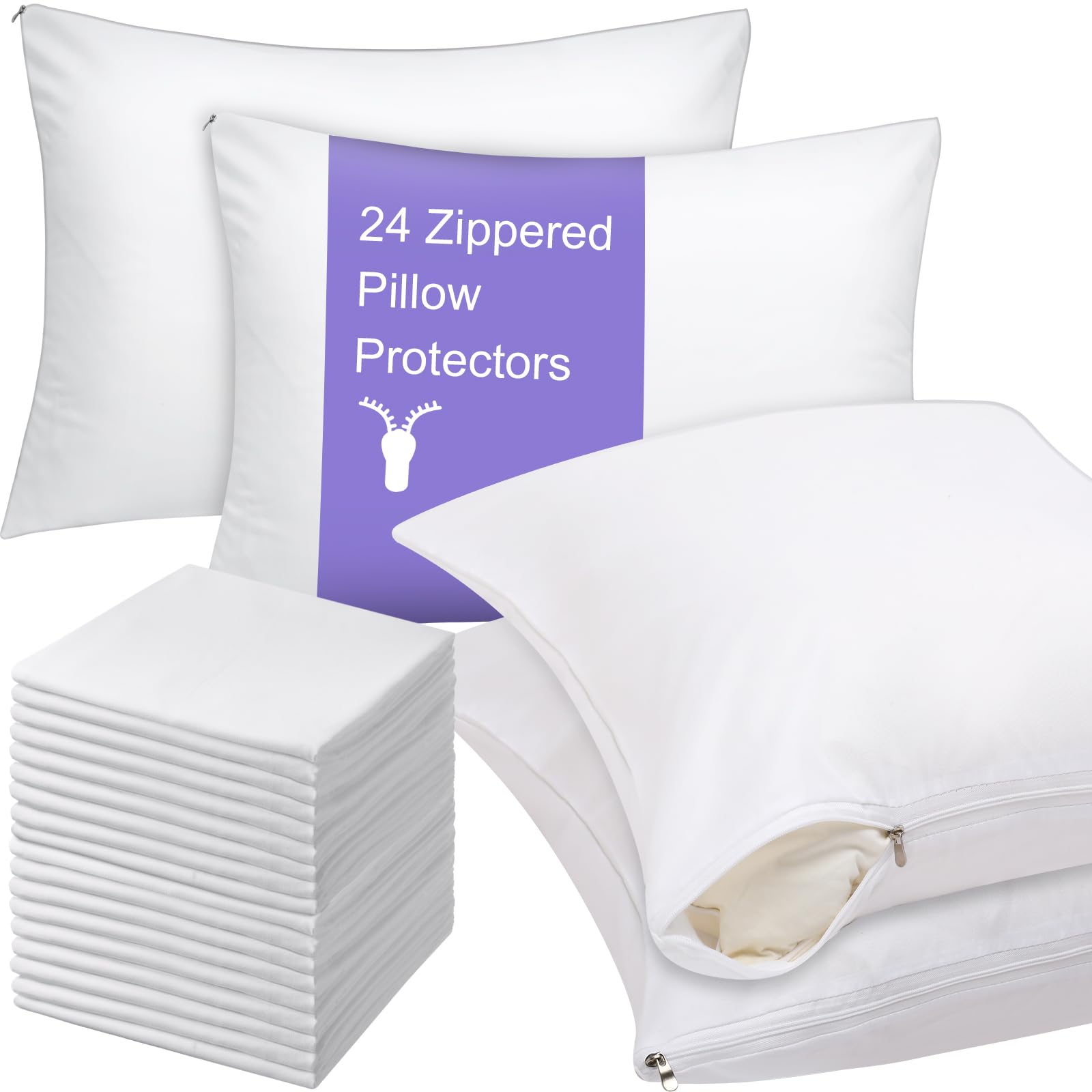 Shimeyao 24 Pcs 20 x 40 Inch Zippered Pillow Protectors Bulk, Standard Size Bedding Pillow Cases, Soft Breathable Cotton Sateen 