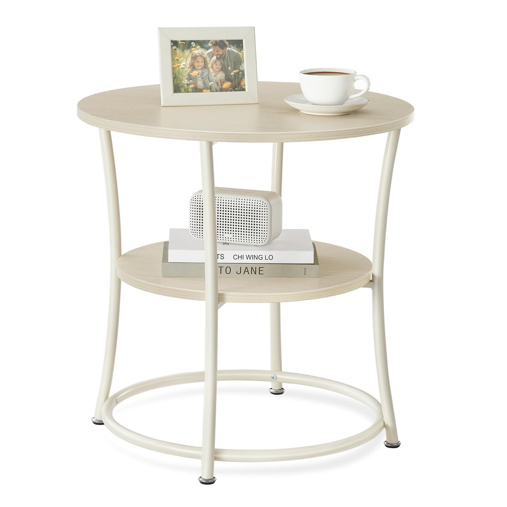Vasagle Side Table, Round End Table With 2 Storage Shelves For Living Room, Bedroom, Nightstand With Steel Frame For Small Spaces, Accent Coffee Table, Natural Beige