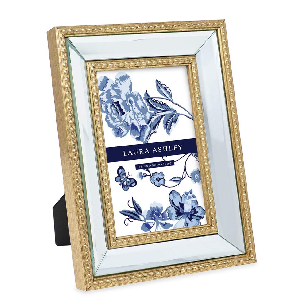Laura Ashley 4x6 Gold Mirror Bead Picture Frame, Classic Mirrored Frame with Beaded Border, Wall-Mountable, Made for Tabletop Di
