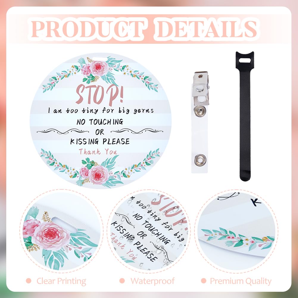 Pligreat 2 Pack No Touching Car Seat Sign, Flowers Pattern No Kissing Stroller Tag With Hanging Straps And Clip, No Touching Bab