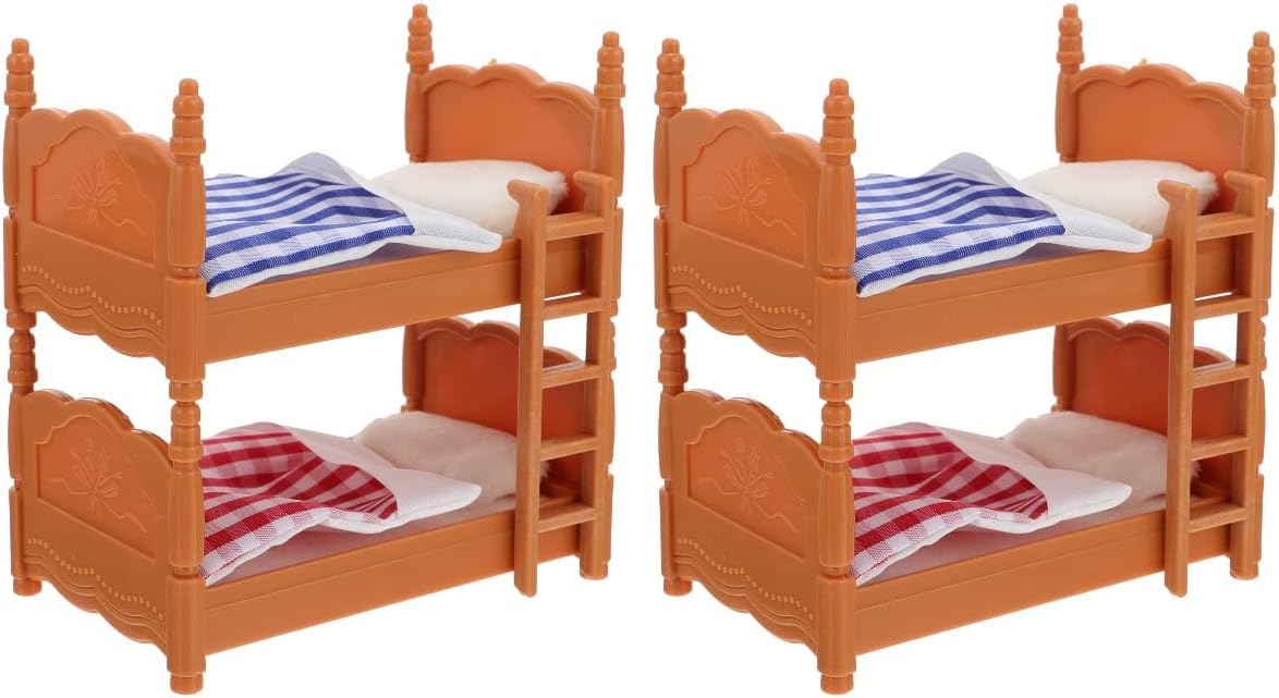 TOPPERFUN 2Pcs Dollhouse Double Bed, 4in Mini Bunk Bed, PVC Miniature Dollhouse Decorative Accessories for Mini Landscape