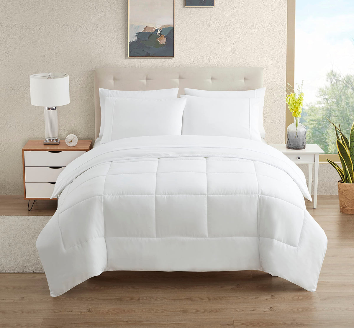 Dorm Room Essentials College Bedding Comforter Set 5 Piece Twin Size Bed In A Bag For College Students Boys And Girls, Twin, Whi