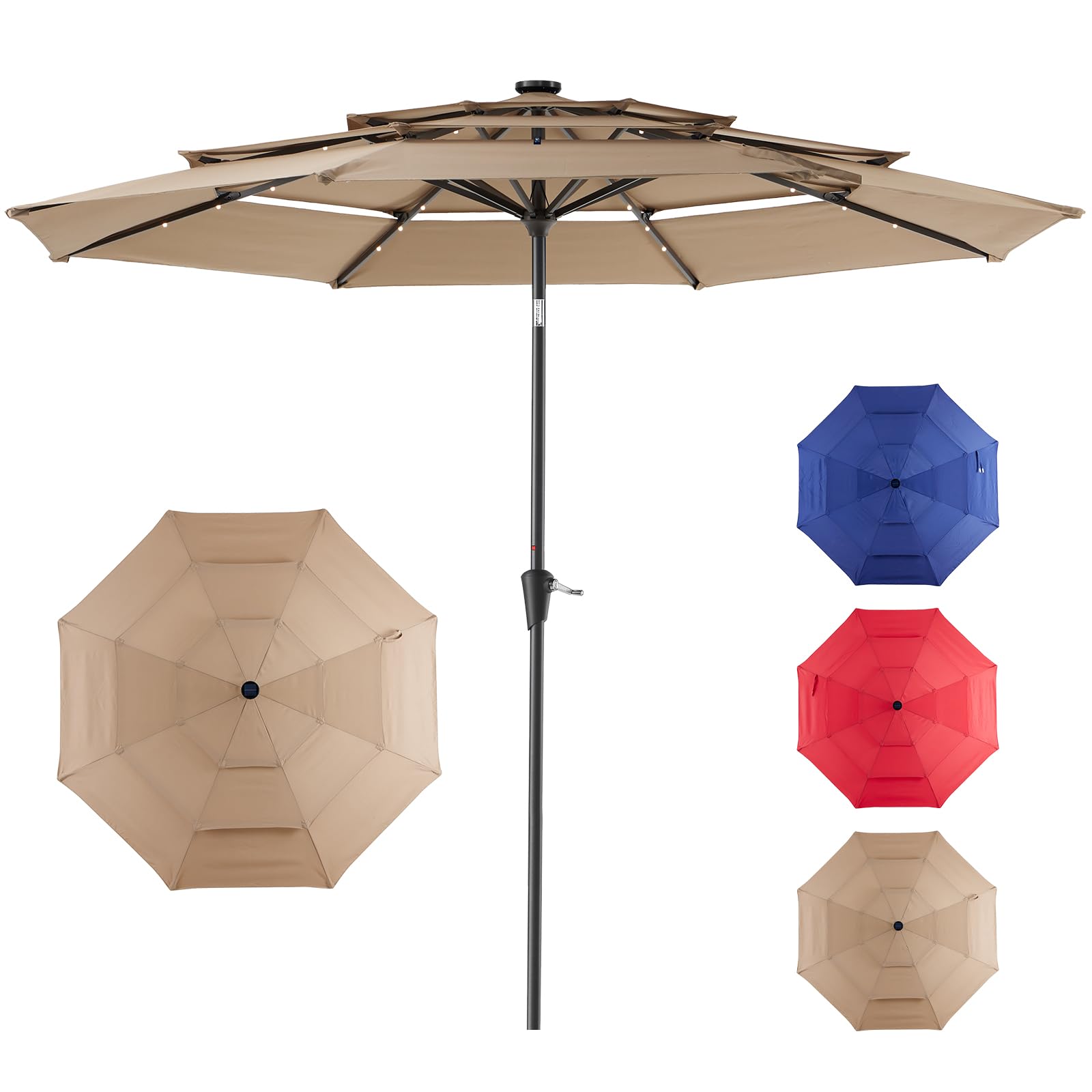 NEWBULIG 10FT 3 Tiers Solar LED Lights Patio Umbrella, Outdoor Umbrella Adjustable Angles and Height, UV Resistant, for Day, Nig