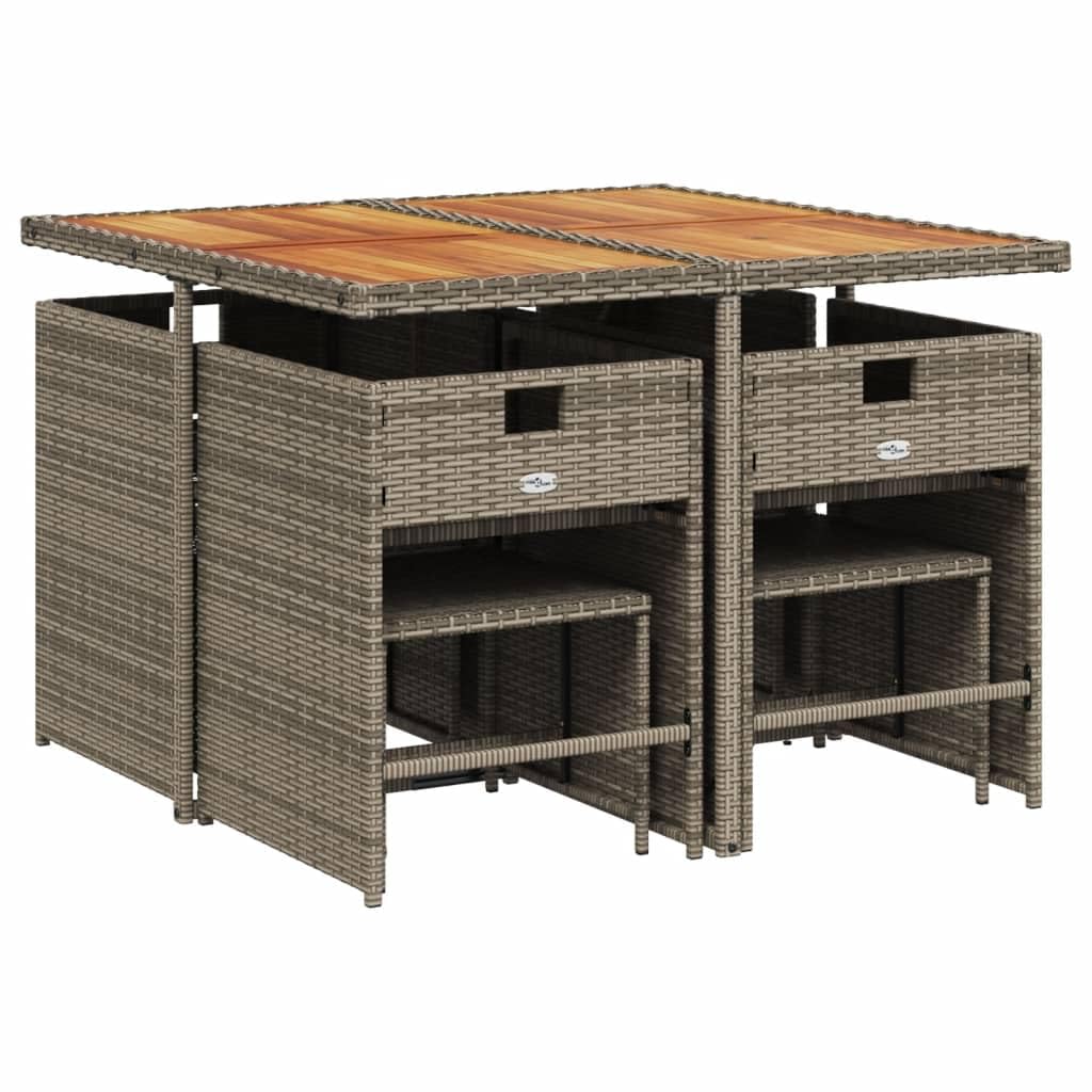 vidaXL Patio Dining Set with Cushions - 9 Piece Gray Poly Rattan Garden Furniture - Compact Storage, Washable Covers, Acacia Wood Table Top