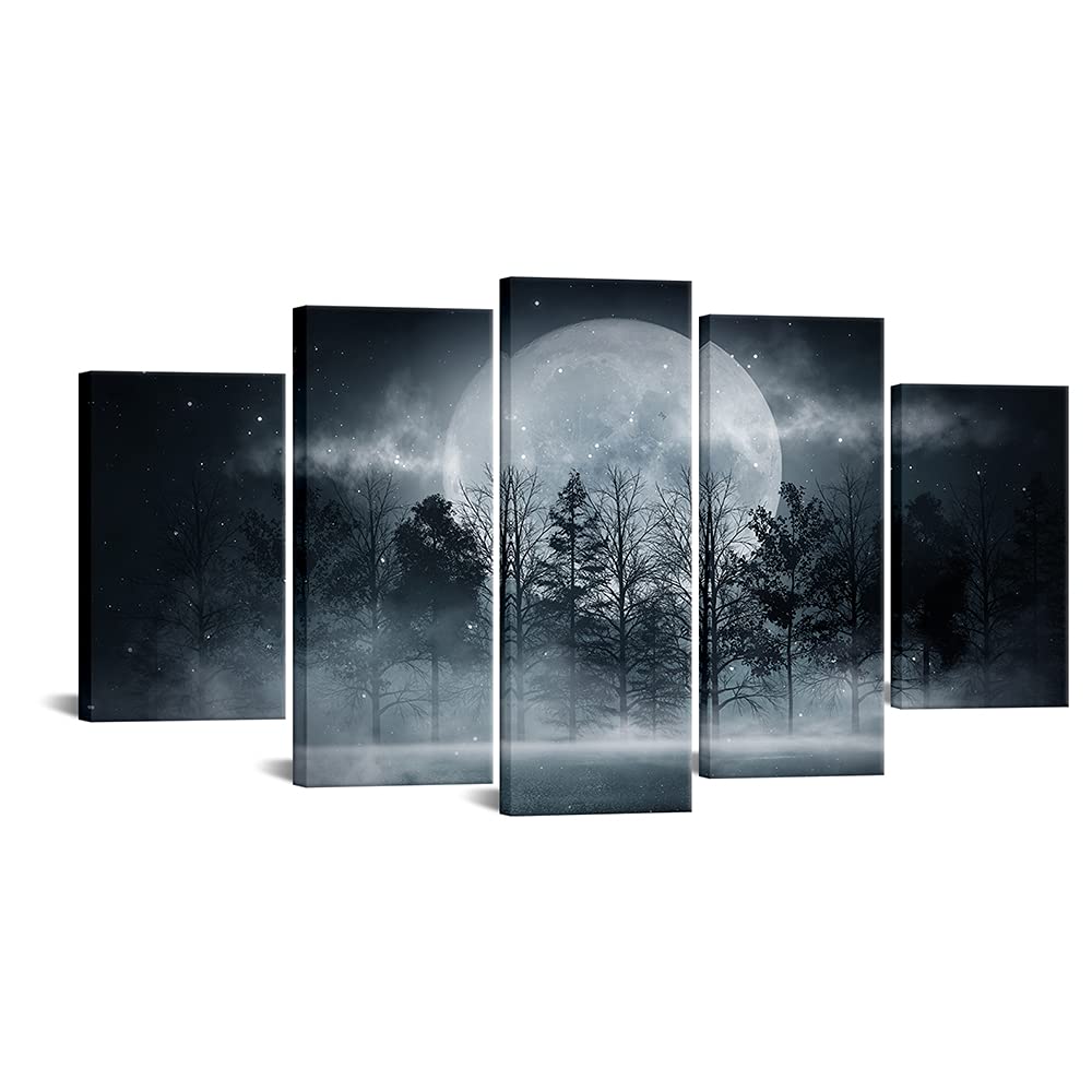 VANSEEING 5 Panels Forest under Full Moon Canvas Wall Art Mystic Night Scene Picture Prints Large Nature Landscape Wall Decor Re