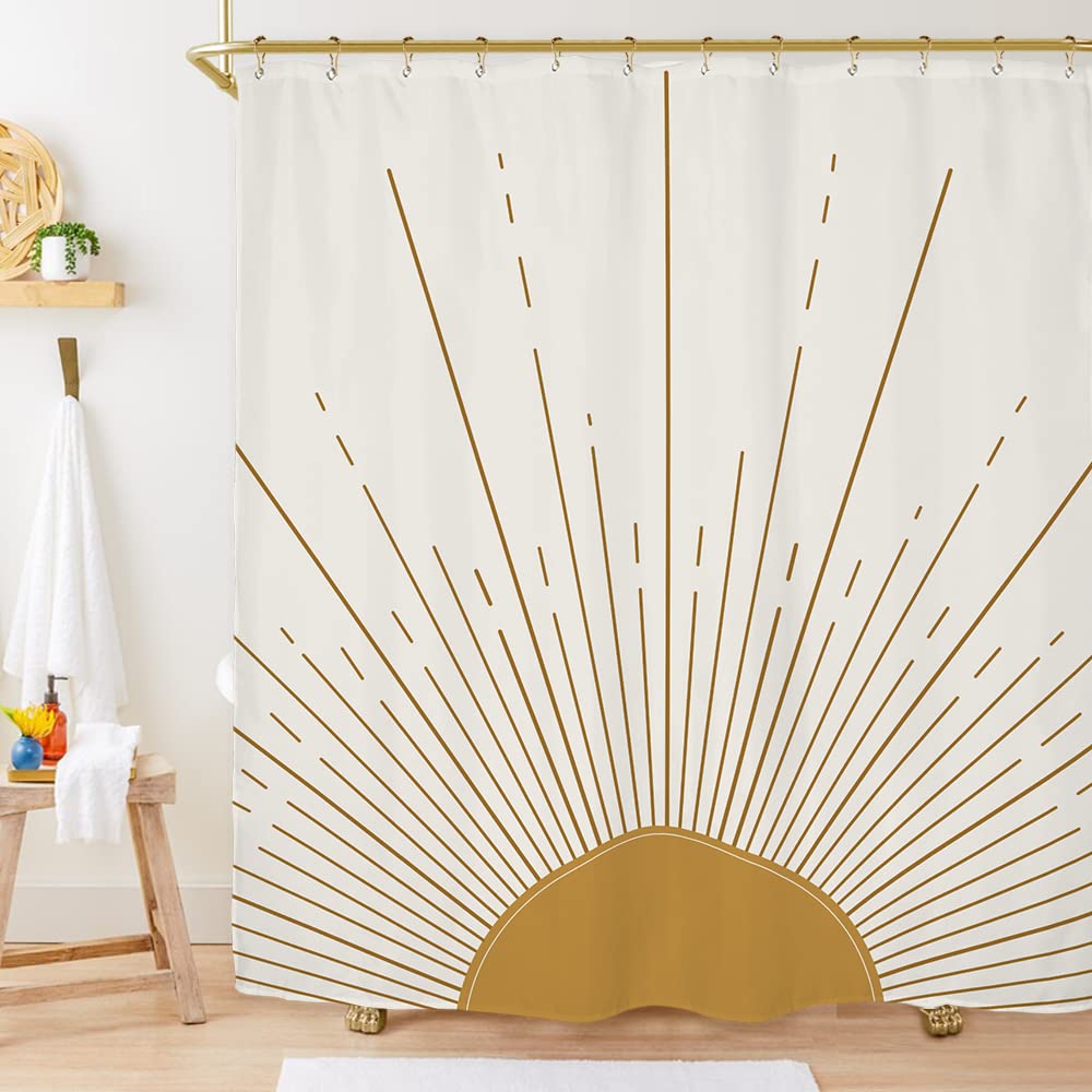 Miyotaa Abstract Sun Shower Curtain Set 60Wx71H Inches Modern Minimalist Mid Century Aesthetic Mustard Yellow Sunburst Sunrise S