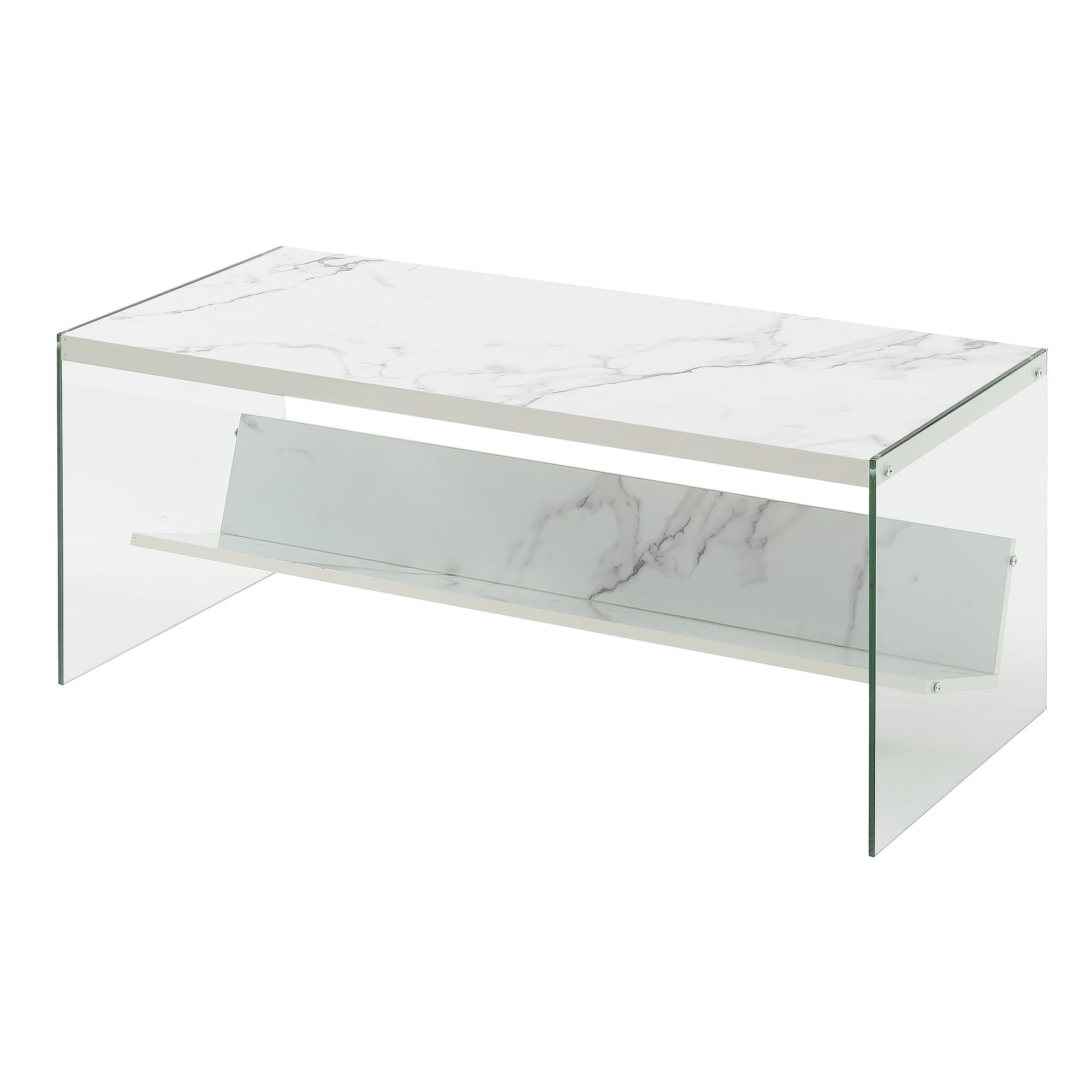 Convenience Concepts SoHo Glass Modern Living Storage Shelf, Contemporary Coffee Table for Family Room, 40, Faux White Marble